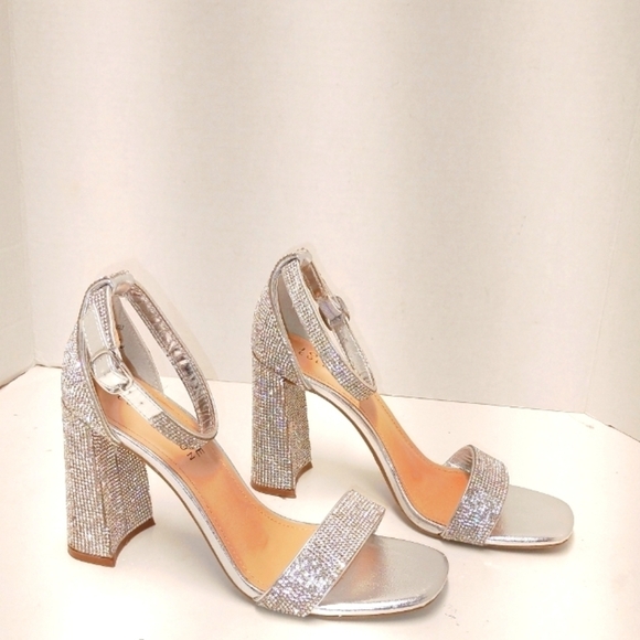 Journee Collection silver Rhinestone Open Toe Ankle Strap Block Heel sho… - Picture 1 of 7
